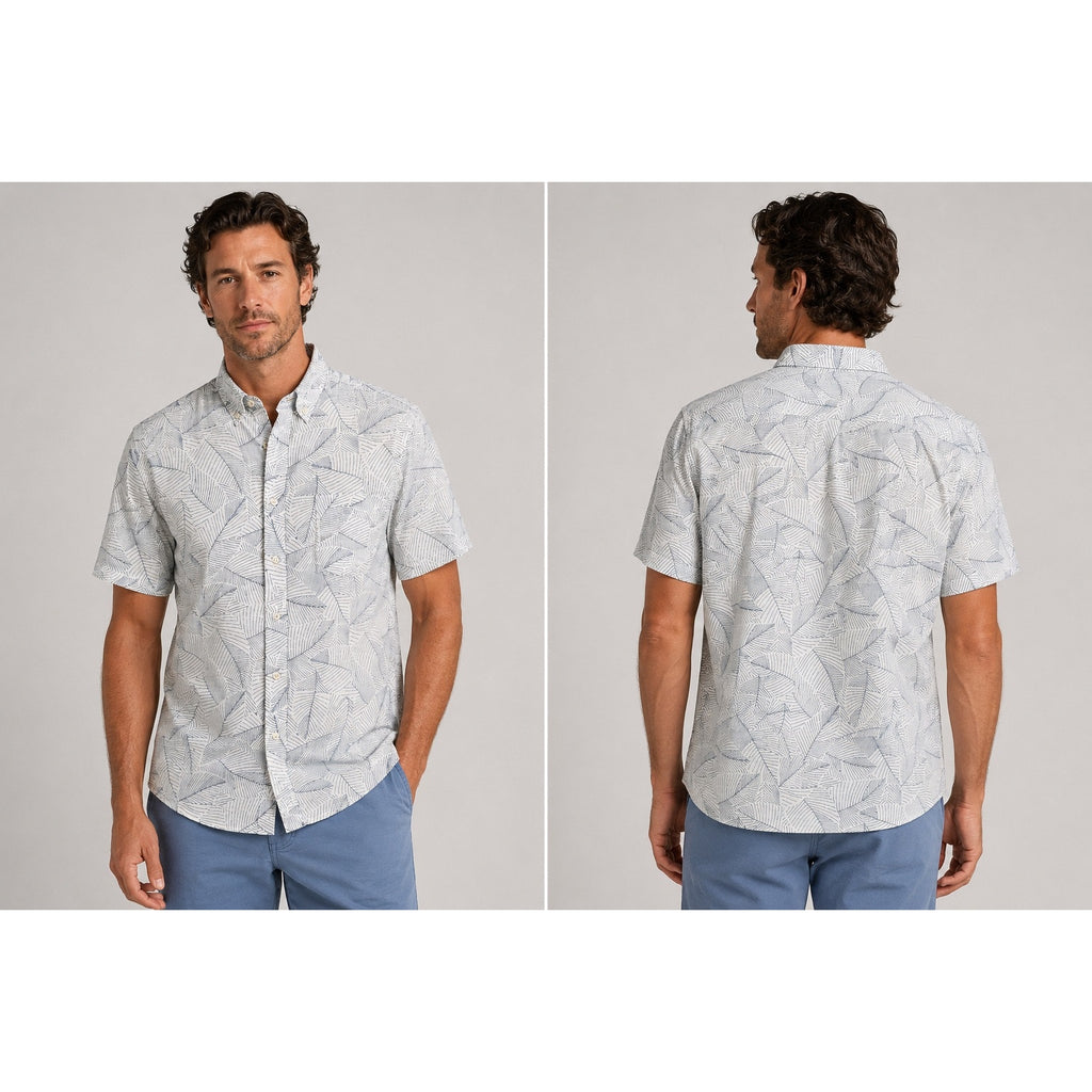 Faherty Ivory Leaf Short Sleeve Sport Shirt in Ivory, Navy — Size Medium // Preowned