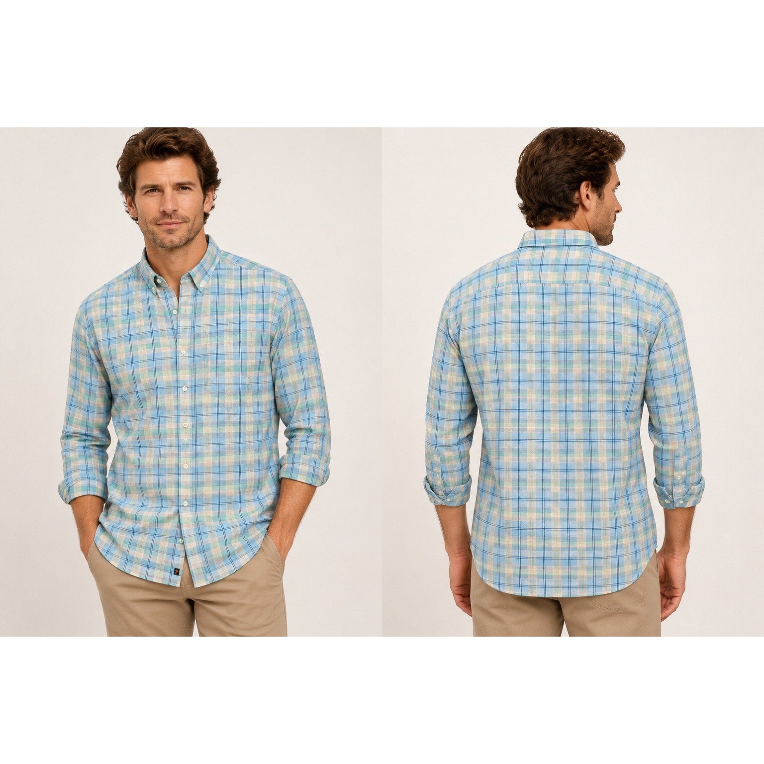 The Normal Brand Plaid Long Sleeve Button Down in Light Blue Light Green Cream and Light Navy — Size XL // Preowned