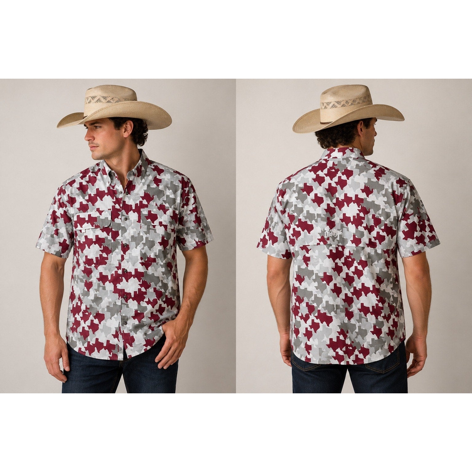 Old Tejas Camouflage Texas Short Sleeve Button Down in Maroon Gray — Size L // Preowned