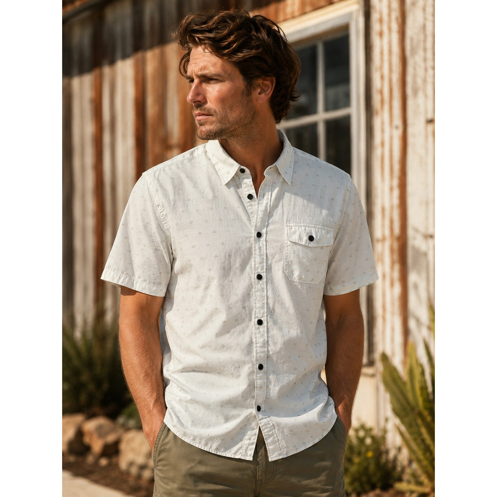 Howler Brothers San Gabriel Short Sleeve Button Down in Sunrise Jacquard Sandston — Size Large