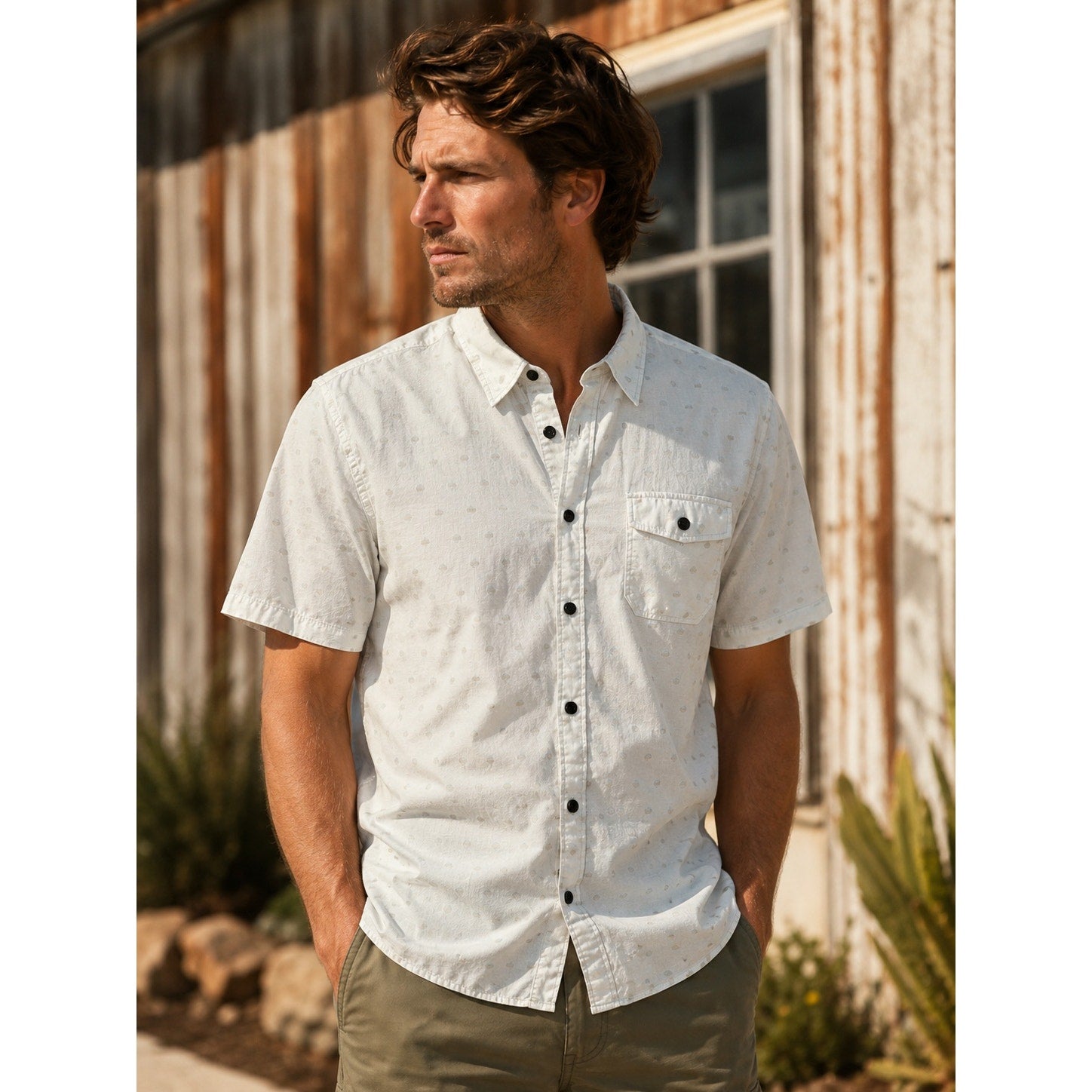 Howler Brothers San Gabriel Short Sleeve Button Down in Sunrise Jacquard Sandston — Size Large