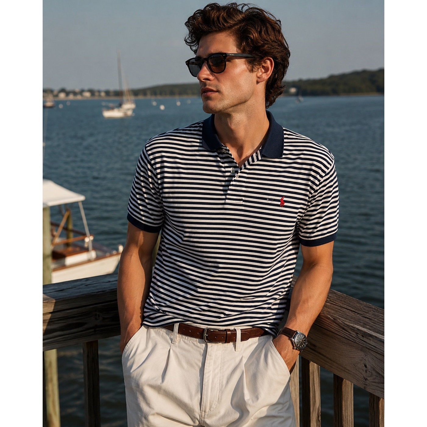 Polo Ralph Lauren Classic Fit Striped Mesh Polo Navy White — 5XB