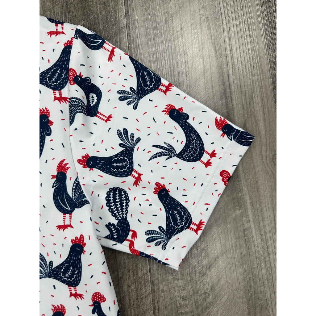 Iron Oak Cock-a-doo Western Performance Golf Pearl Snap Polo in White, Red and Navy — Size Medium // Preowned