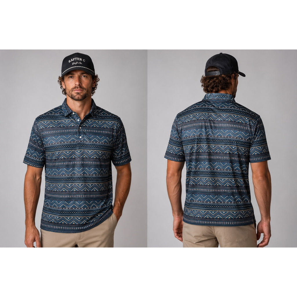 Rafter C Southwestern Print Pearl Snap Golf Polo in Gray Maroon Tan White Black Orange — Size XL // Preowned