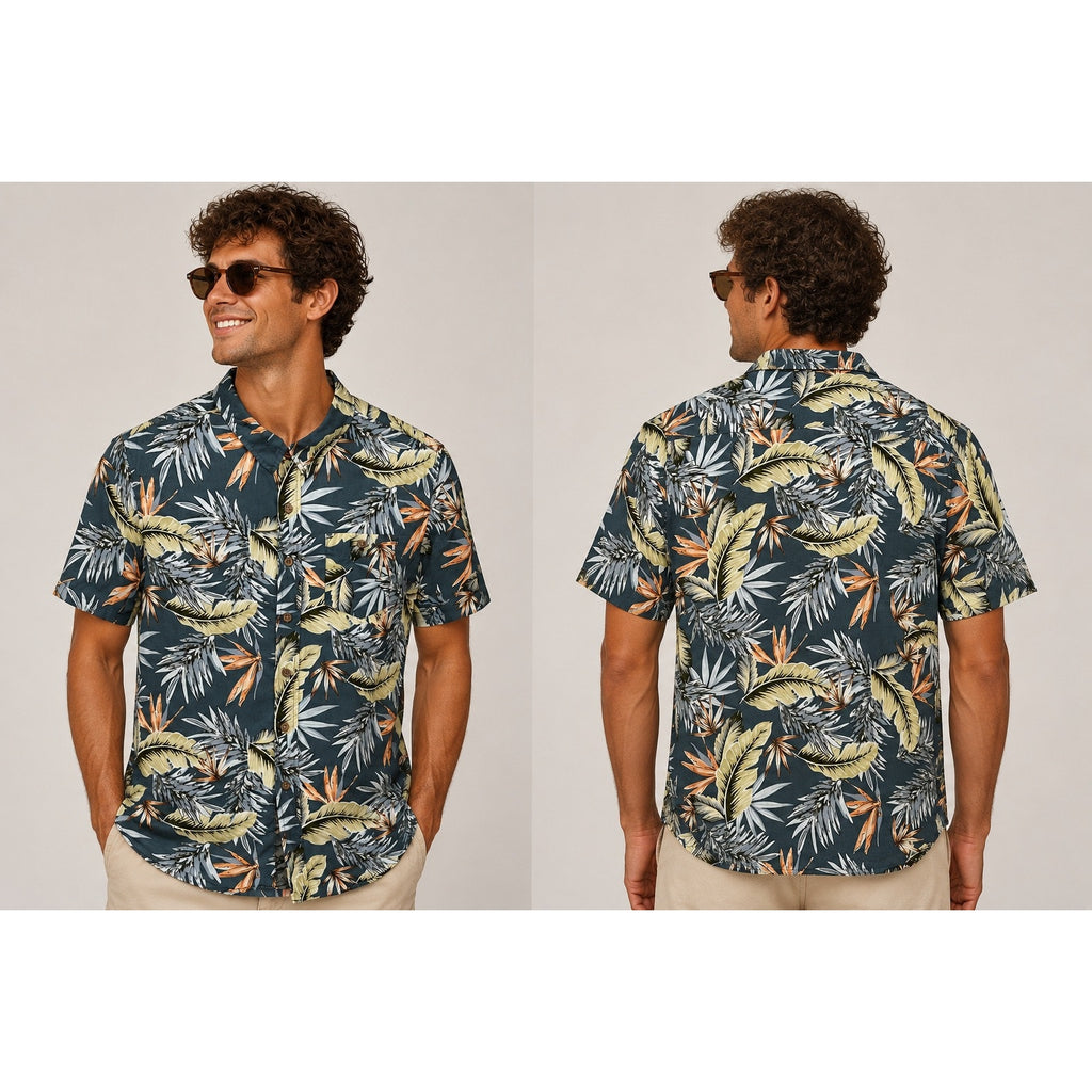 Ron Jon Surf Shop Hawaiian Tropical Short Sleeve Button Down in Dark Slate Blue Green Orange — Size Medium // Preowned