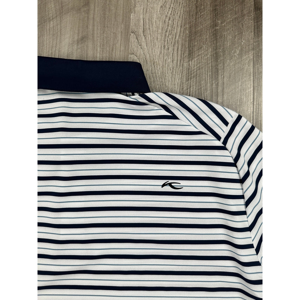 KJUS Luis Multi Stripe Comfort Fit Performance Polo in White, Navy, Slate Blue — Size 56 (2XL)