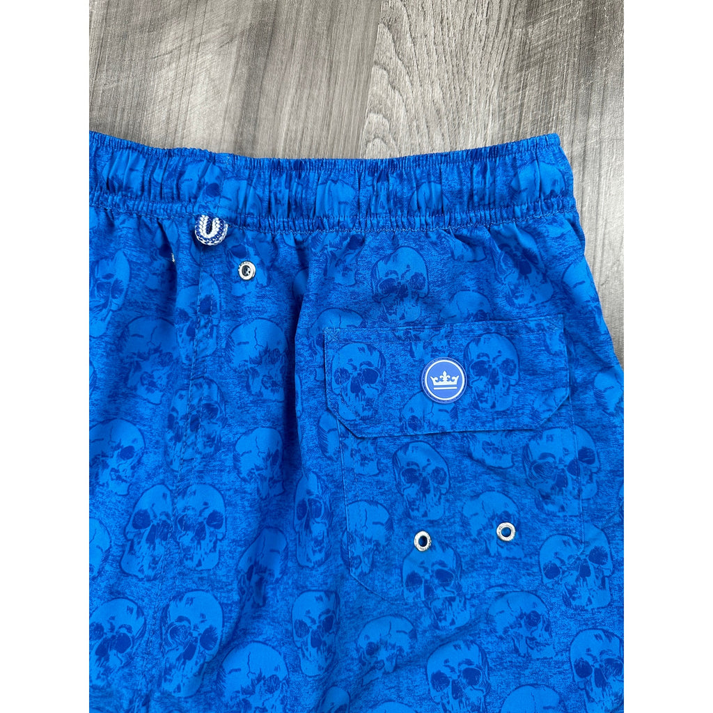 Peter Millar Seaside Skulls Print Walker Cup Swim Trunks in Blue and Navy — Size Medium // Preowned