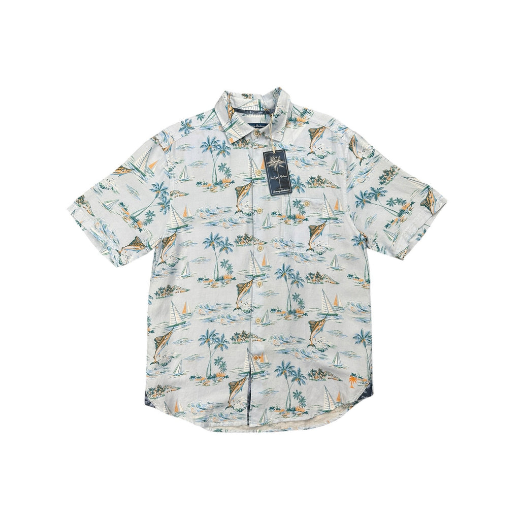 Tommy Bahama Sand Linen Sailfish Scenic Indigo Palms Short Sleeve Button Down in Dew Drop — Size Small