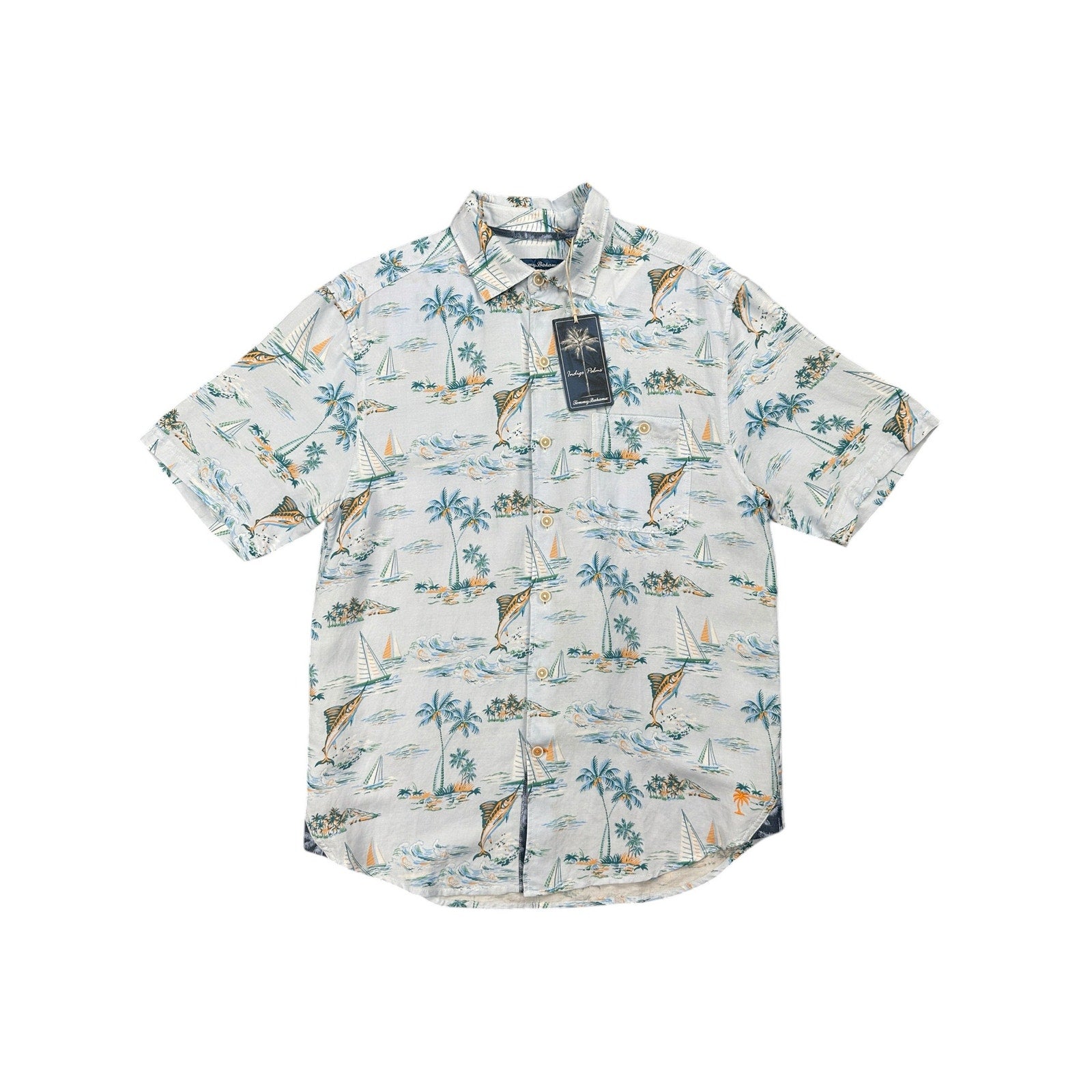 Tommy Bahama Sand Linen Sailfish Scenic Indigo Palms Short Sleeve Button Down in Dew Drop — Size Small
