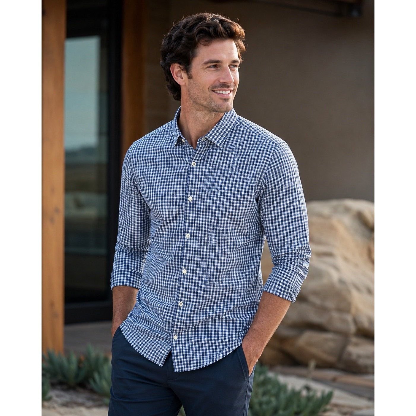 Mizzen+Main Leeward Trim Fit Performance Plaid Long Sleeve Button Down in Navy Red White — Size Medium // Preowned