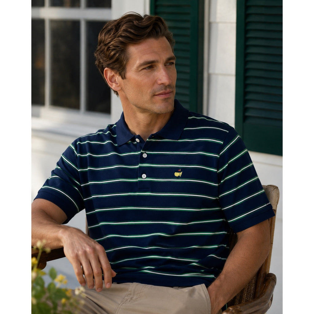 Masters Collection 60s Two Ply Mercerized Striped Mesh Knit Polo in Navy Green White — Size 2XL // Preowned