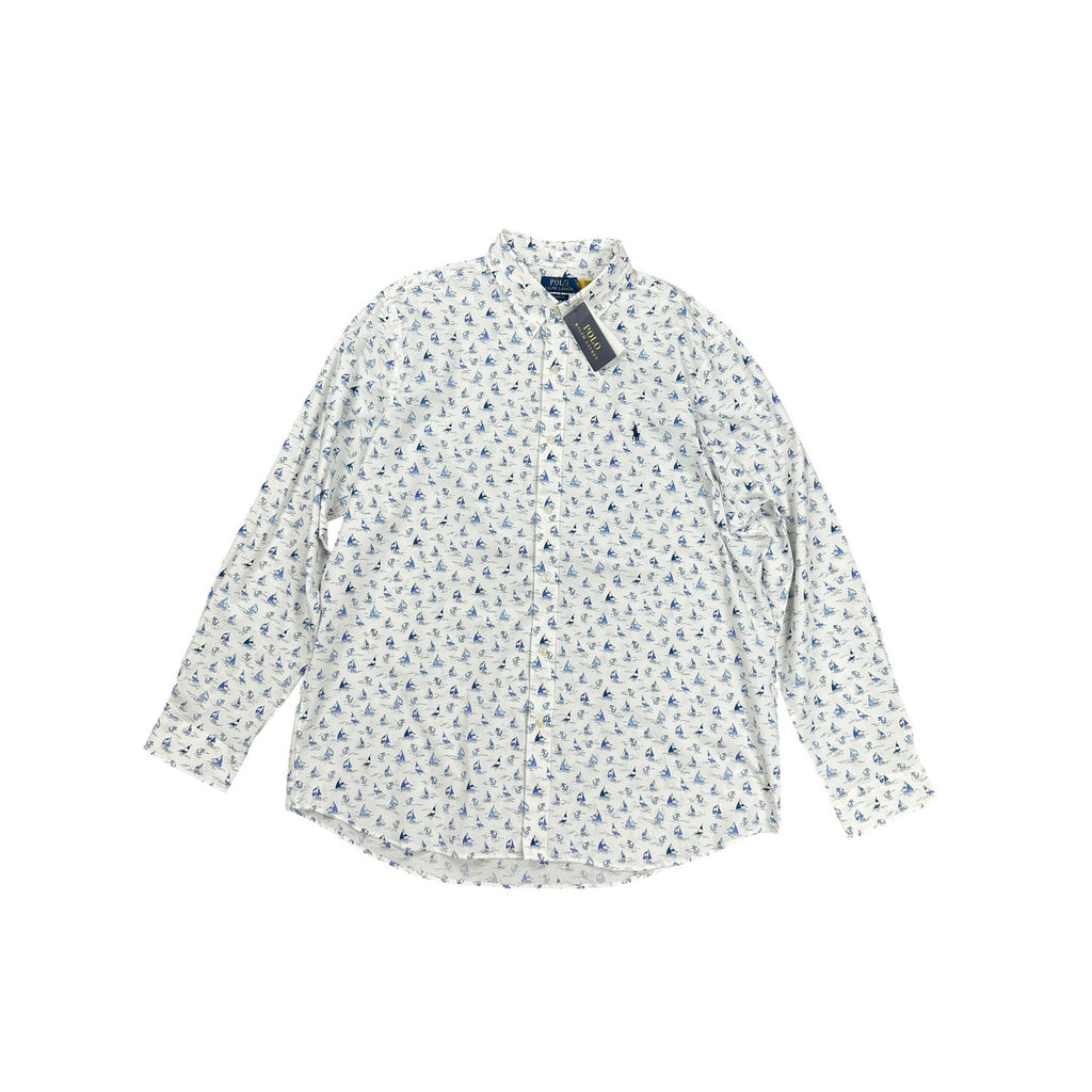 Polo Ralph Lauren Classic Fit Sailboat Anchor AOP Long Sleeve Shirt in White Blue — Size 2XL