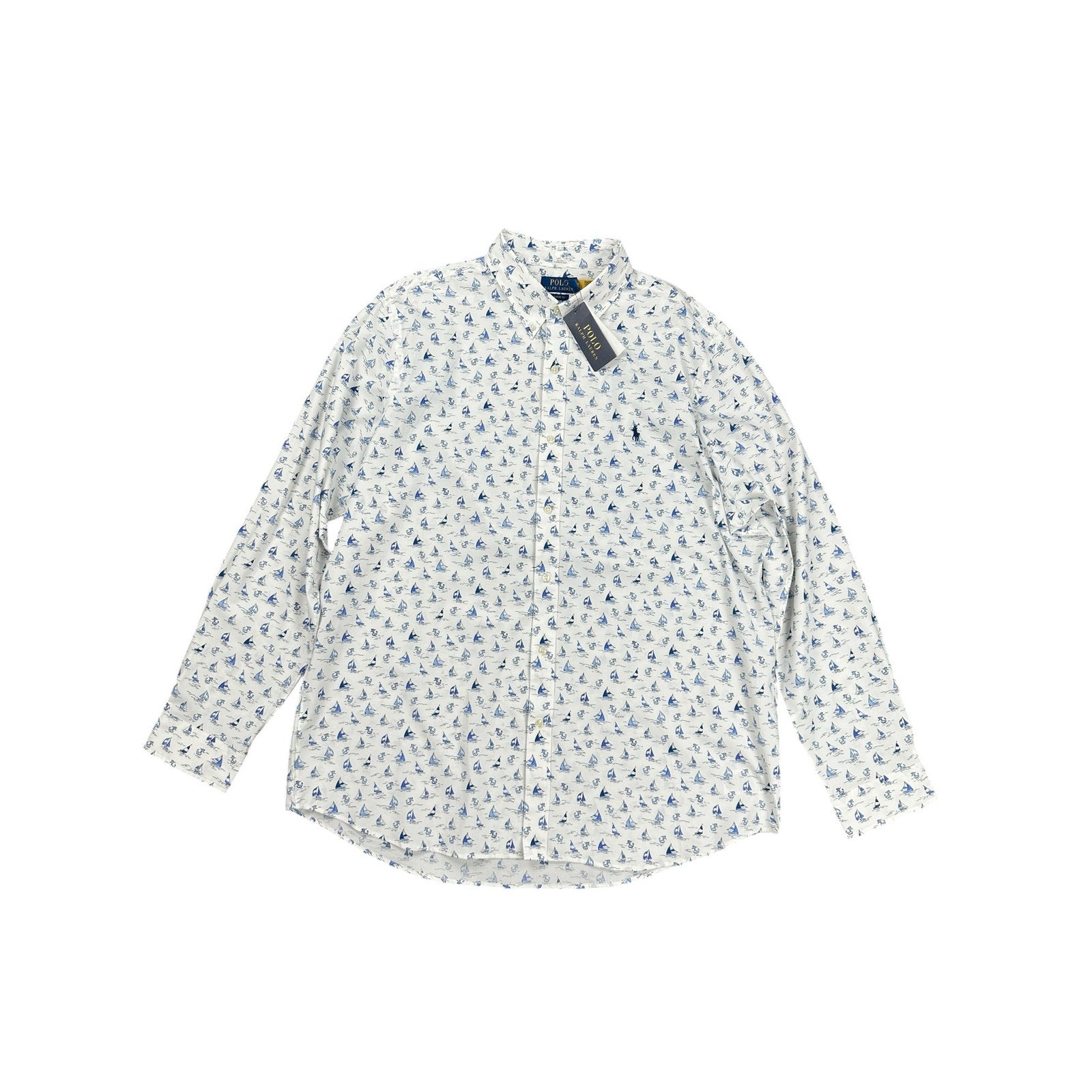Polo Ralph Lauren Classic Fit Sailboat Anchor AOP Long Sleeve Shirt in White Blue — Size 2XL