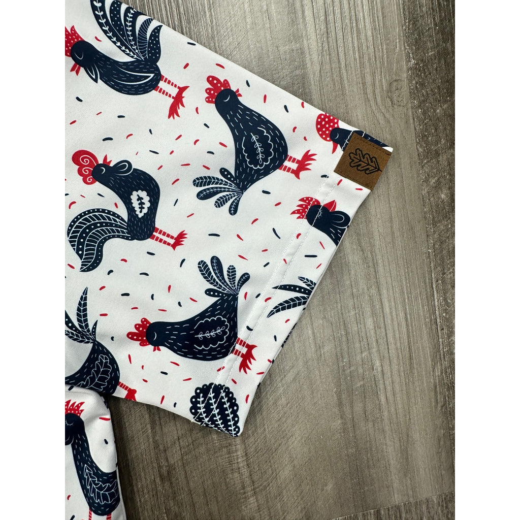 Iron Oak Cock-a-doo Western Performance Golf Pearl Snap Polo in White, Red and Navy — Size Medium // Preowned