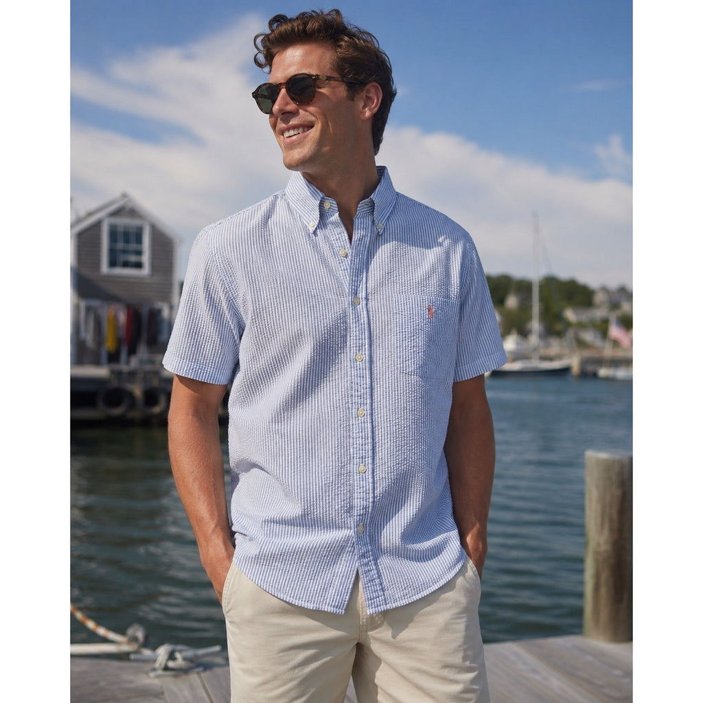 Polo Ralph Lauren Seersucker Untucked Fit Guaranteed to Wrinkle Short Sleeve Shirt in Blue, White — Size Medium