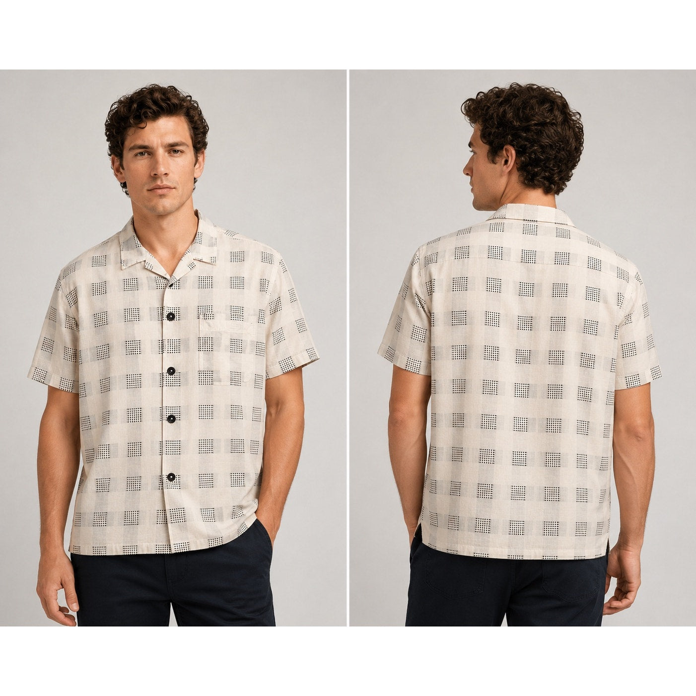 Billy Reid Short Sleeve Linen Blend Camp Shirt in Natural and Black — Size Medium // Preowned