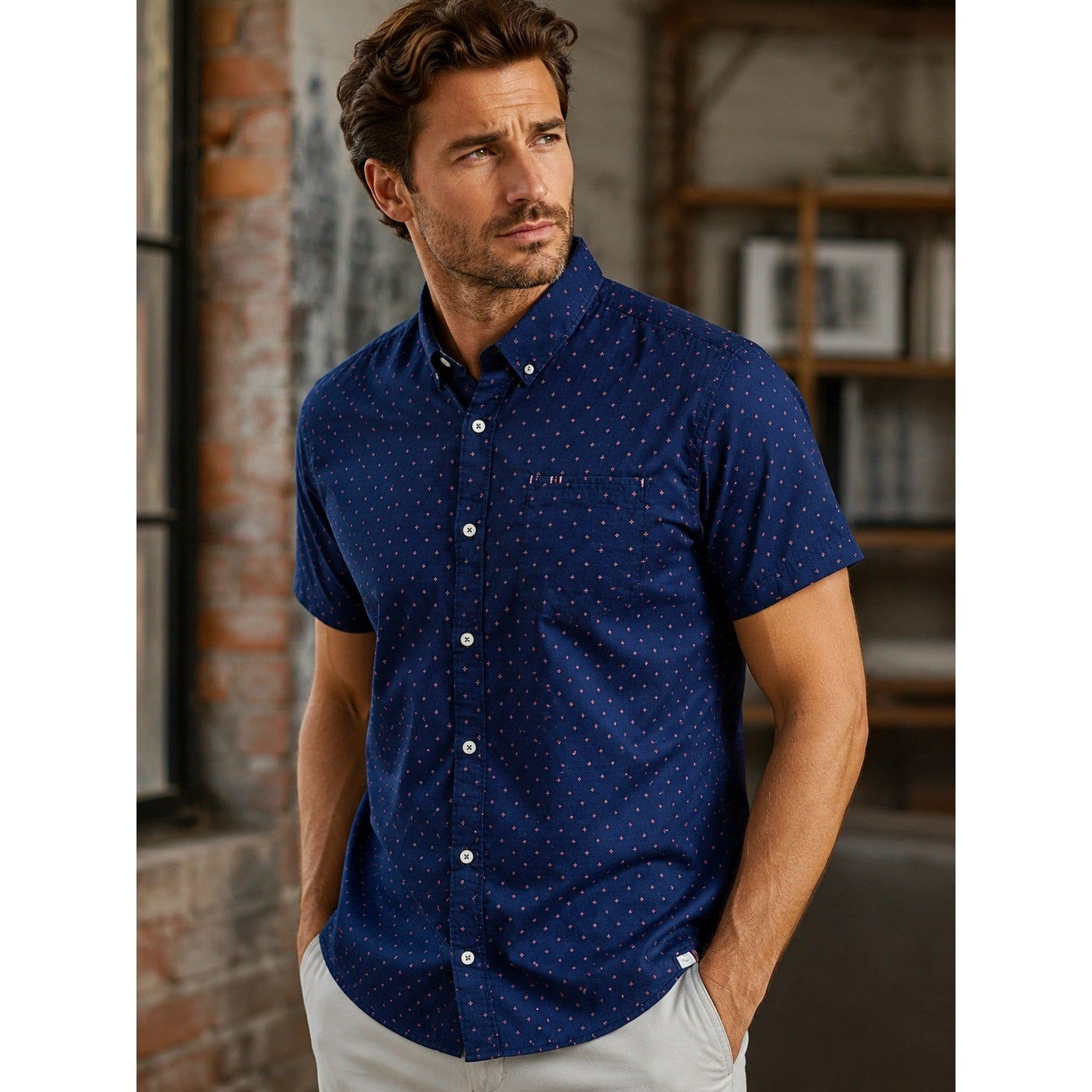 7 Diamonds Systematic Fit Short Sleeve Button Down in Navy Red — Size Medium // Preowned