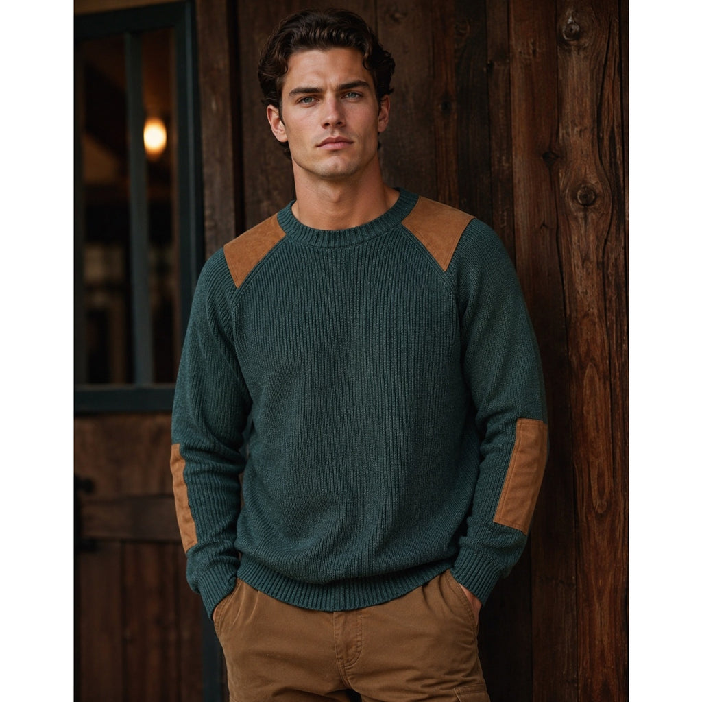 Hunter Faux Leather Patched Hunter Green Knit Crew Neck Sweater - XL