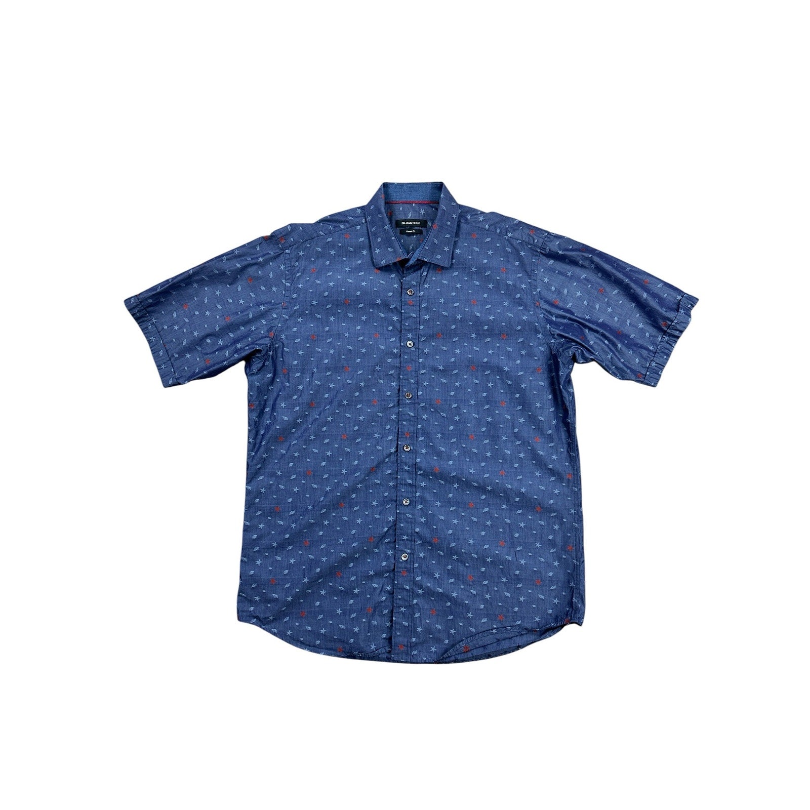 Bugatchi Classic Fit Starfish Sea Shell Print Short Sleeve Button Down in Dark Chambray Multi — Size Large // Preowned