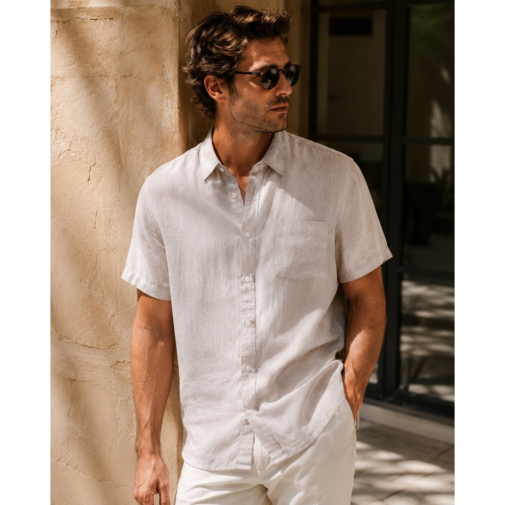 Vince Linen Classic Fit Short Sleeve Shirt in Rosewater — Size Large