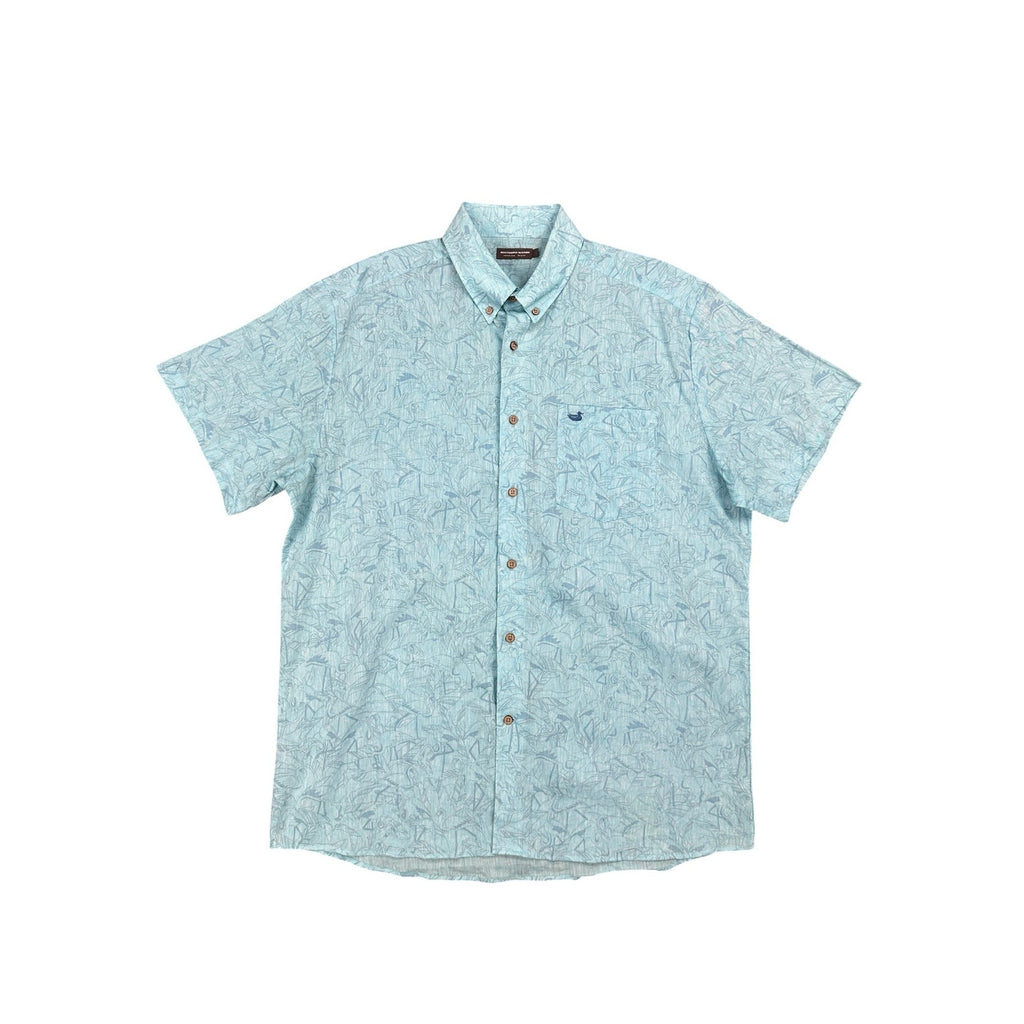 Southern Marsh Flamingos Linen Blend Short Sleeve Shirt in Light Blue — Size XL // Preowned