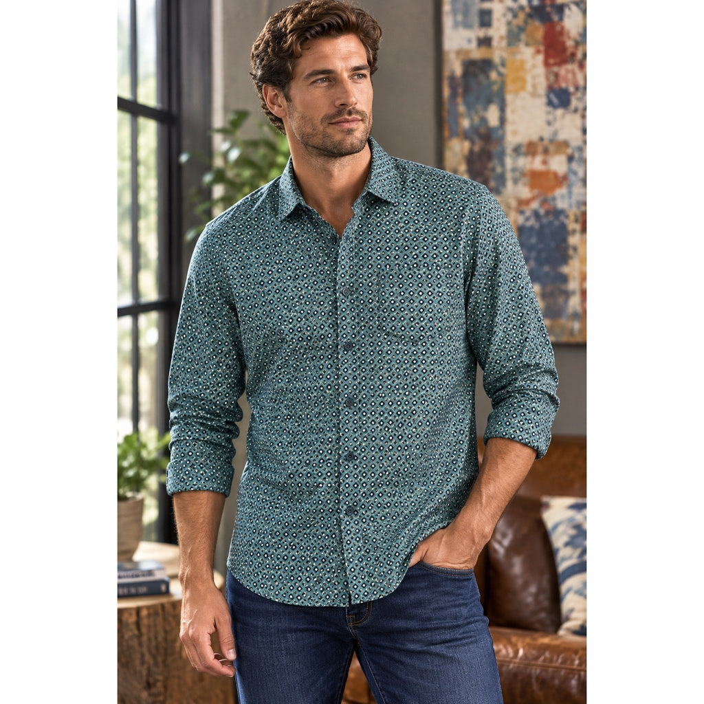 Desigual Abstract Happy Every Time Regular Fit Long Sleeve Shirt in Hunter Green, Brown, Light Cream — Size Small // Preowned