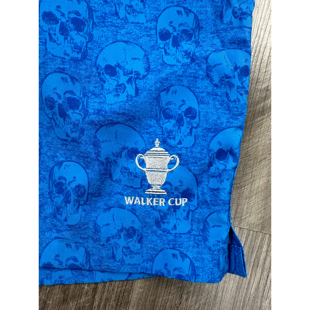 Peter Millar Seaside Skulls Print Walker Cup Swim Trunks in Blue and Navy — Size Medium // Preowned