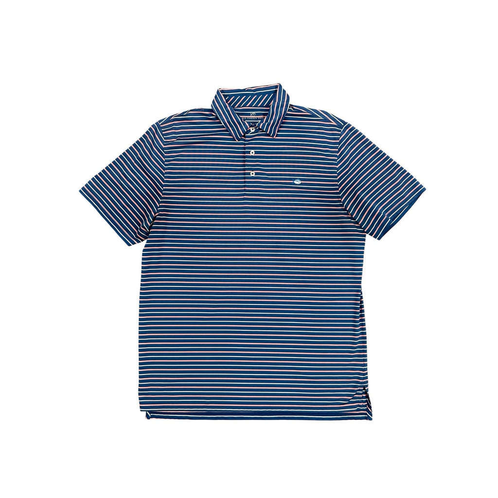 Southern Tide Driver Performance Stretch Striped Polo in Navy Coral White — Size Large