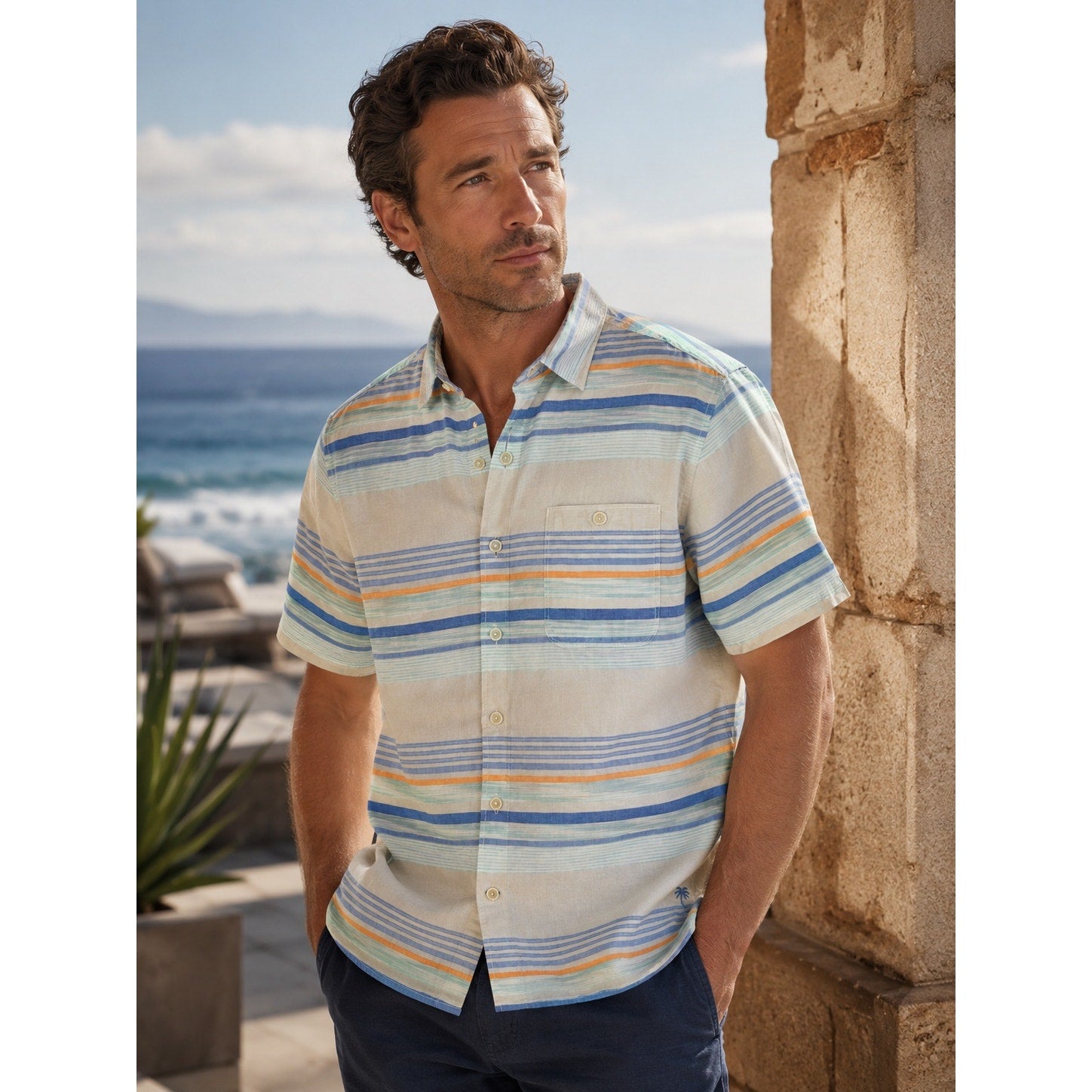 Tommy Bahama Indigo Palms Sand Linen Horizon View Short Sleeve Button Down in Stripe — Size Small