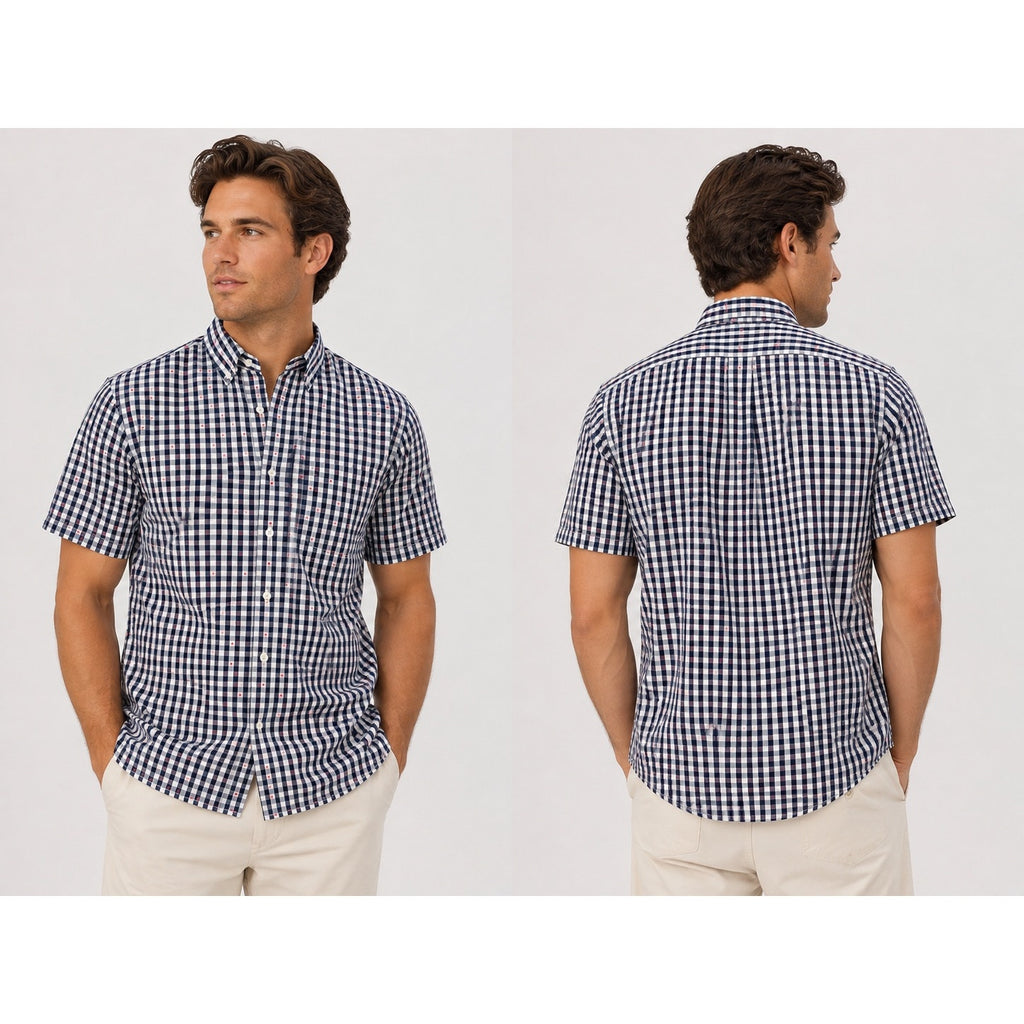 Brooks Brothers Regent Fit Gingham Crab Print Short Sleeve Shirt in Navy, White, Red — Size Large // Preowned