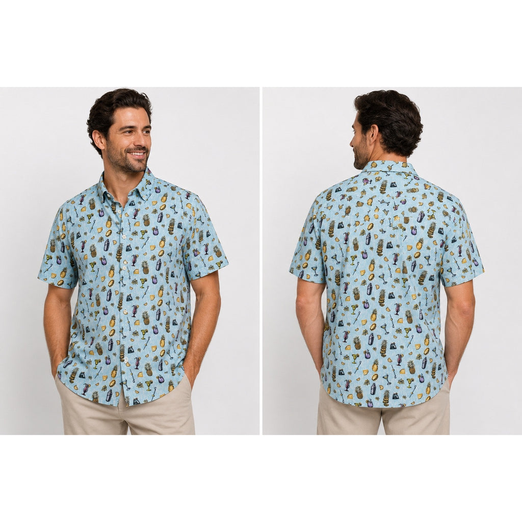 Tommy Bahama Coastal Ease Shake & Sip Cocktail Print Short Sleeve Button Down in Blue with Multi Print — Size Medium // Preowned