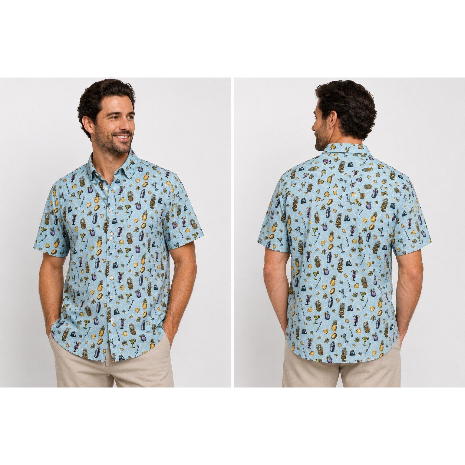 Tommy Bahama Coastal Ease Shake & Sip Cocktail Print Short Sleeve Button Down in Blue with Multi Print — Size Medium // Preowned