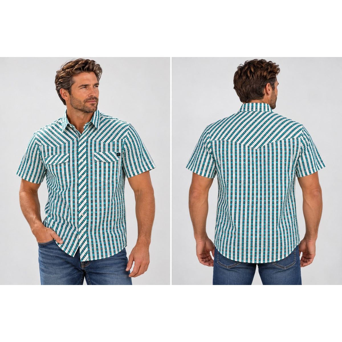 Rock & Roll Denim TEK Core Striped Short Sleeve Western Pearl Snap Shirt — Size Medium // Preowned