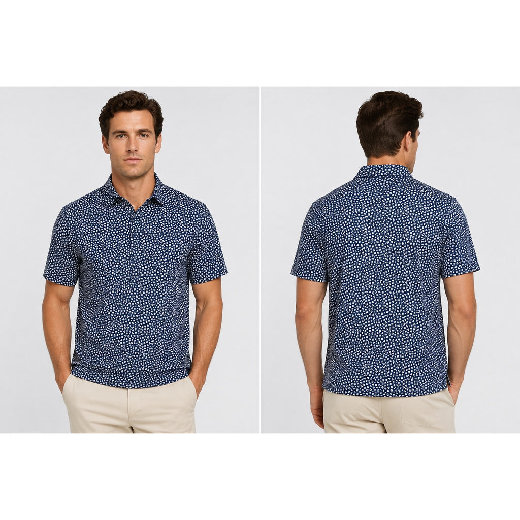 American Tall Floral Mesh Performance Polo in Navy, Blue, White — Size Small // Preowned