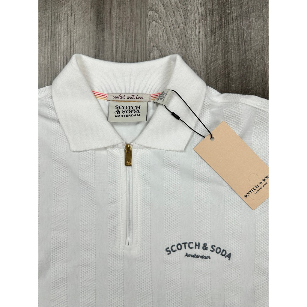 Scotch & Soda Popcorn Pique Zip Polo in Star White — Size Small