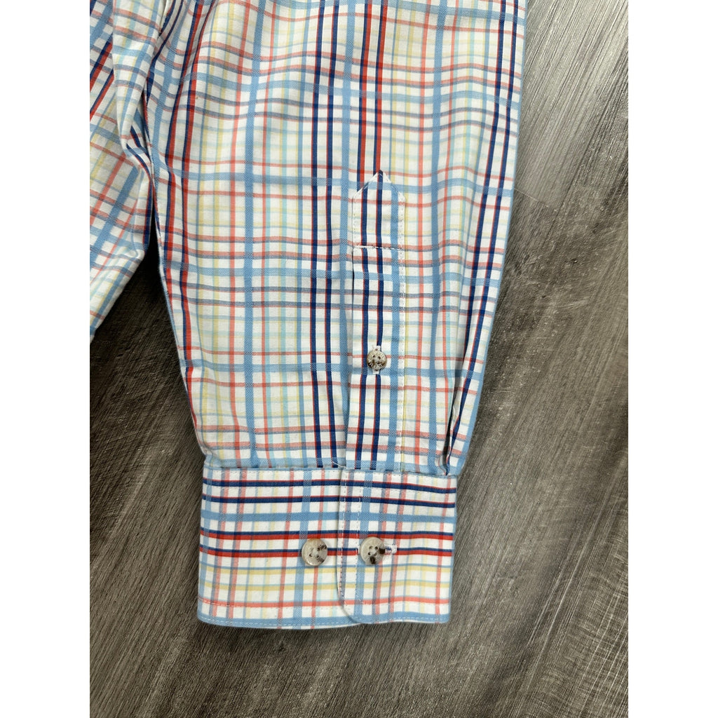 Ariat Pro Series Plaid Long Sleeve Button Down Shirt in White Light Blue Red Blue Charcoal Yellow and Coral — Size XL // Preowned
