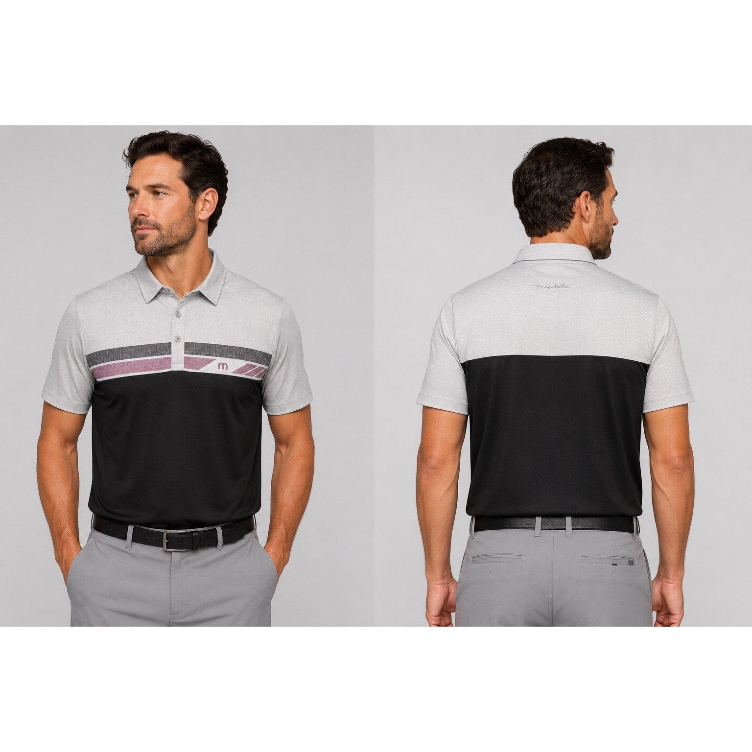 TravisMathew Real Treat Striped Stretch Golf Polo in Gray, Black, Purple — Size Large // Preowned
