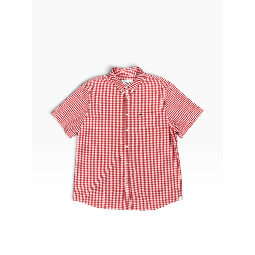 Lacoste Short Sleeve Regular Fit Gingham Poplin Shirt in Red, White — Size XL // Preowned