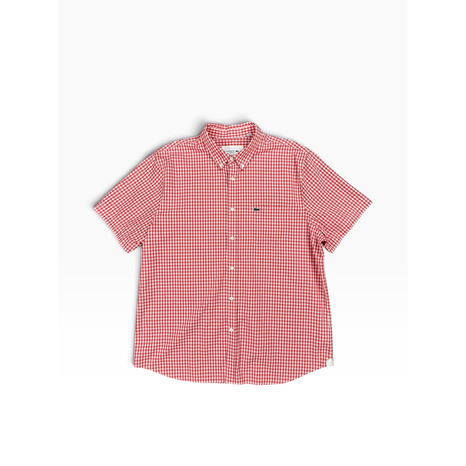Lacoste Short Sleeve Regular Fit Gingham Poplin Shirt in Red, White — Size XL // Preowned