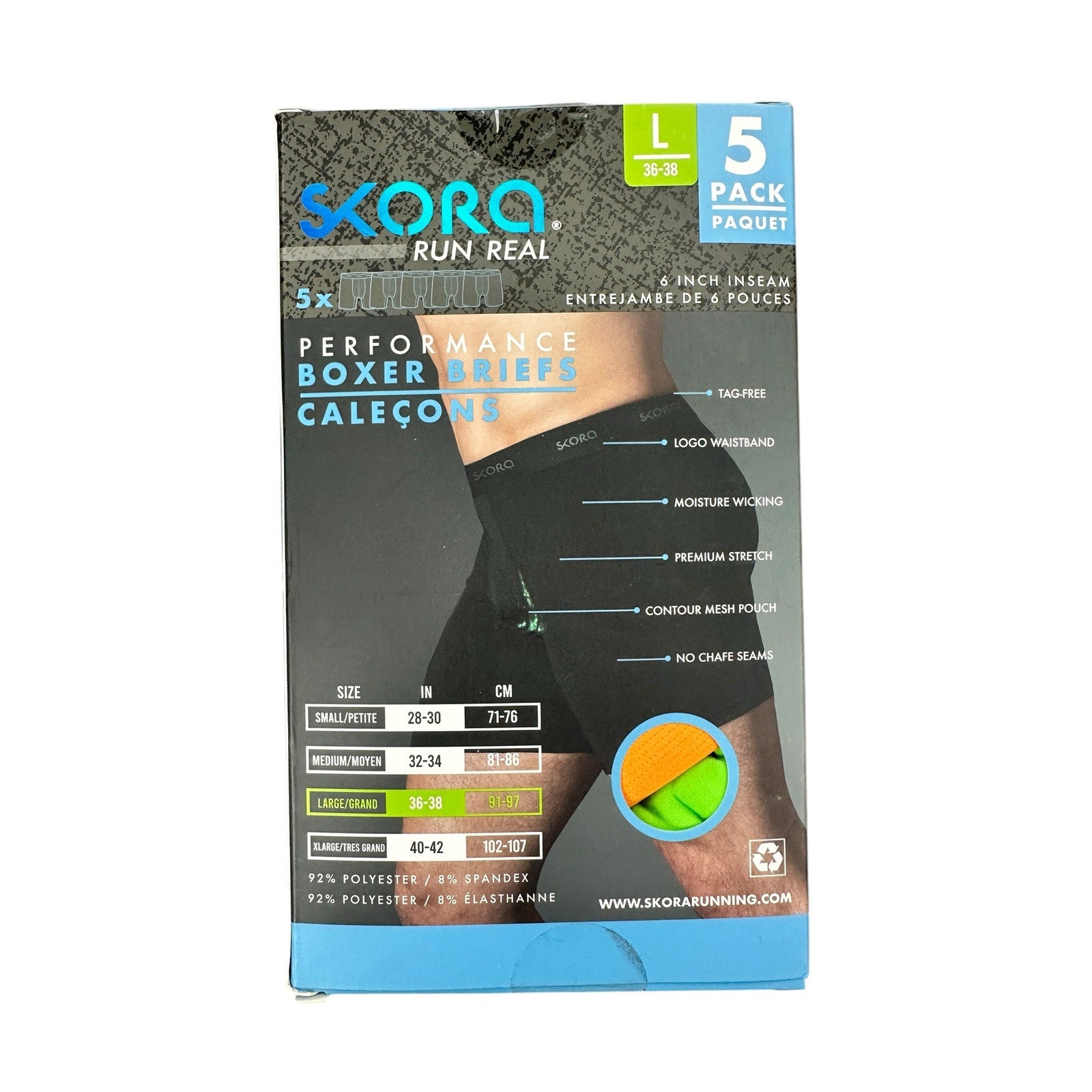 Skora Run Real Performance Mesh 6-Inch Boxer Briefs 5-Pack — Size Large