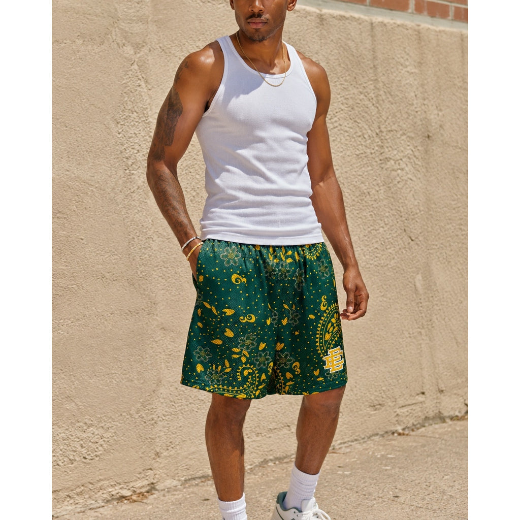 Eric Emanuel Paisley Mesh Gym Shorts in Green, Golden Yellow and White — Size XL // Preowned