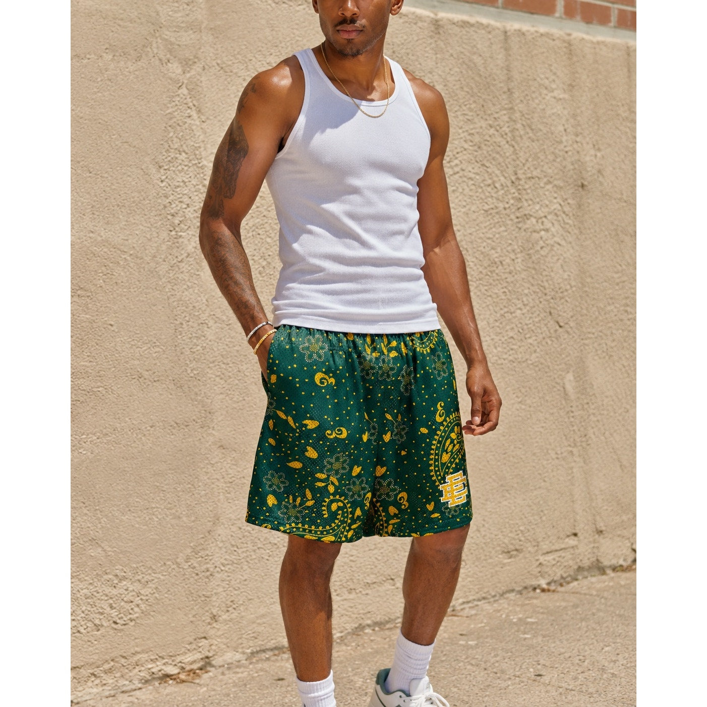Eric Emanuel Paisley Mesh Gym Shorts in Green, Golden Yellow and White — Size XL // Preowned