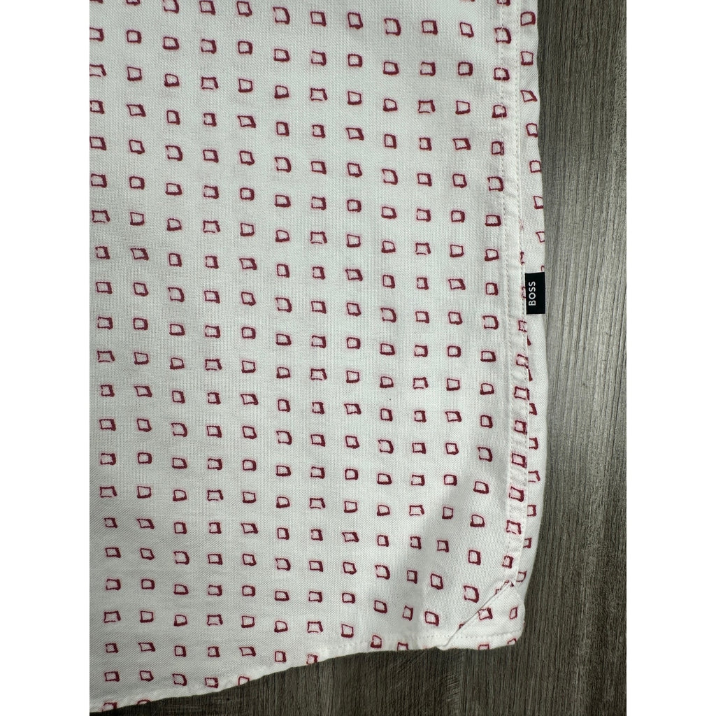 BOSS Slim Fit Ink Squares Short Sleeve Button Down in White with Red Squares — Size Large // Preowned
