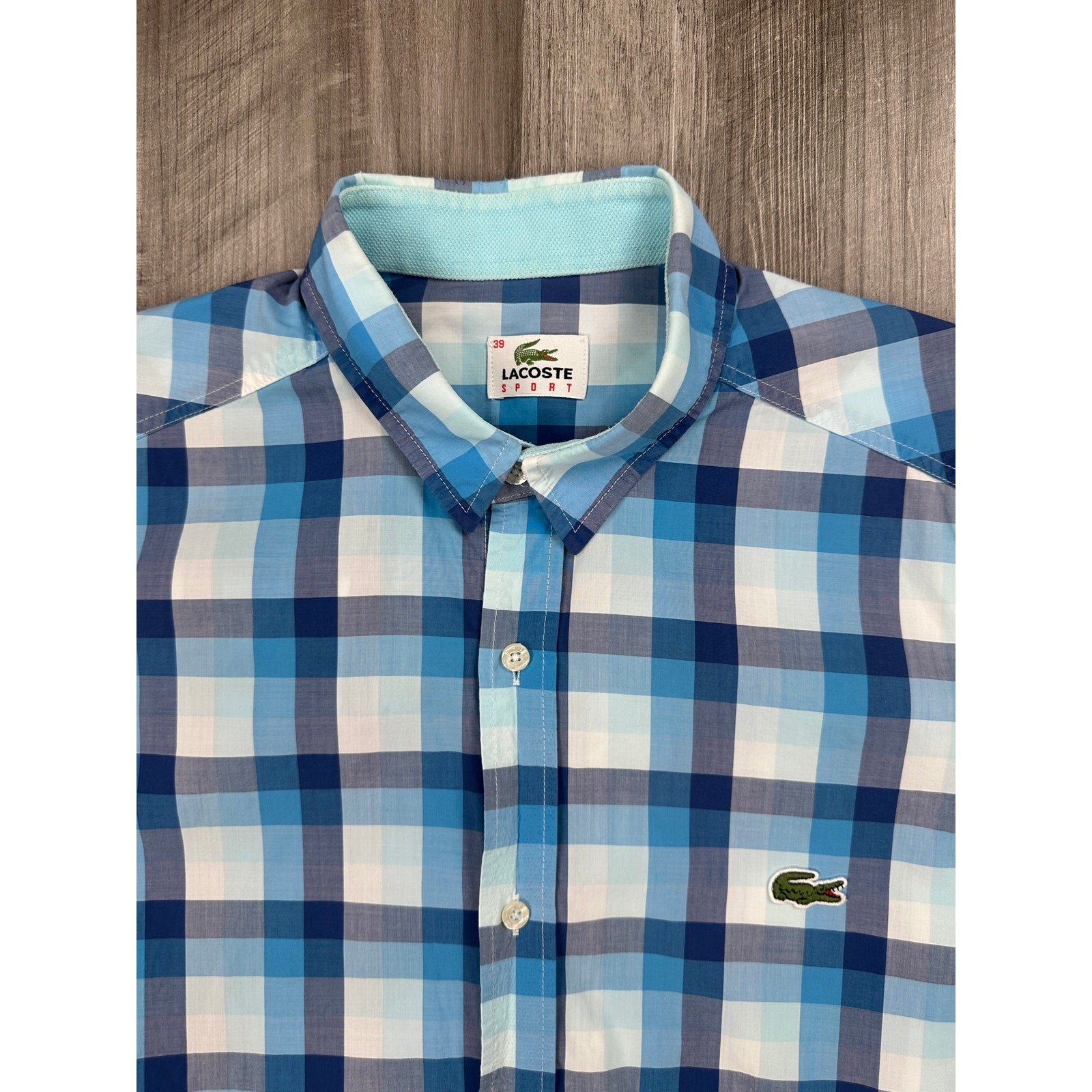 Lacoste Sport Trim Fit Checkered Short Sleeve Shirt in Blue, White — Size 39 (Medium) // Preowned
