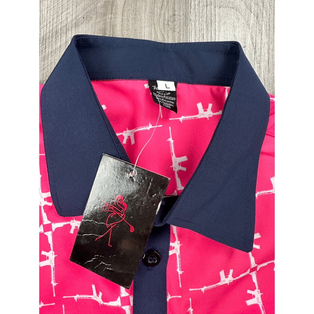 Trailer Park Golf Club Classy Rifle Golf Polo in Pink, White and Navy — Size Large