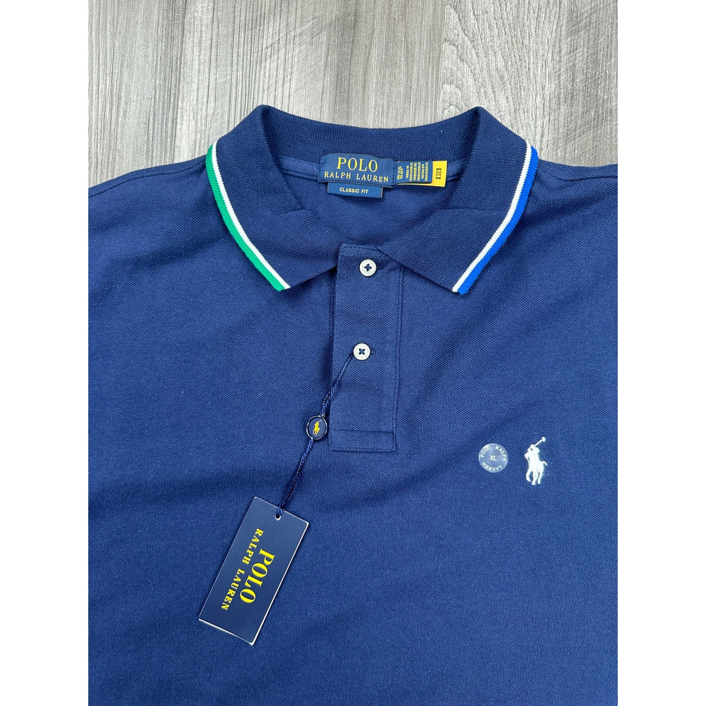 Polo Ralph Lauren Classic Fit Contrast Sleeve Mesh Knit Polo in Navy — Size XL