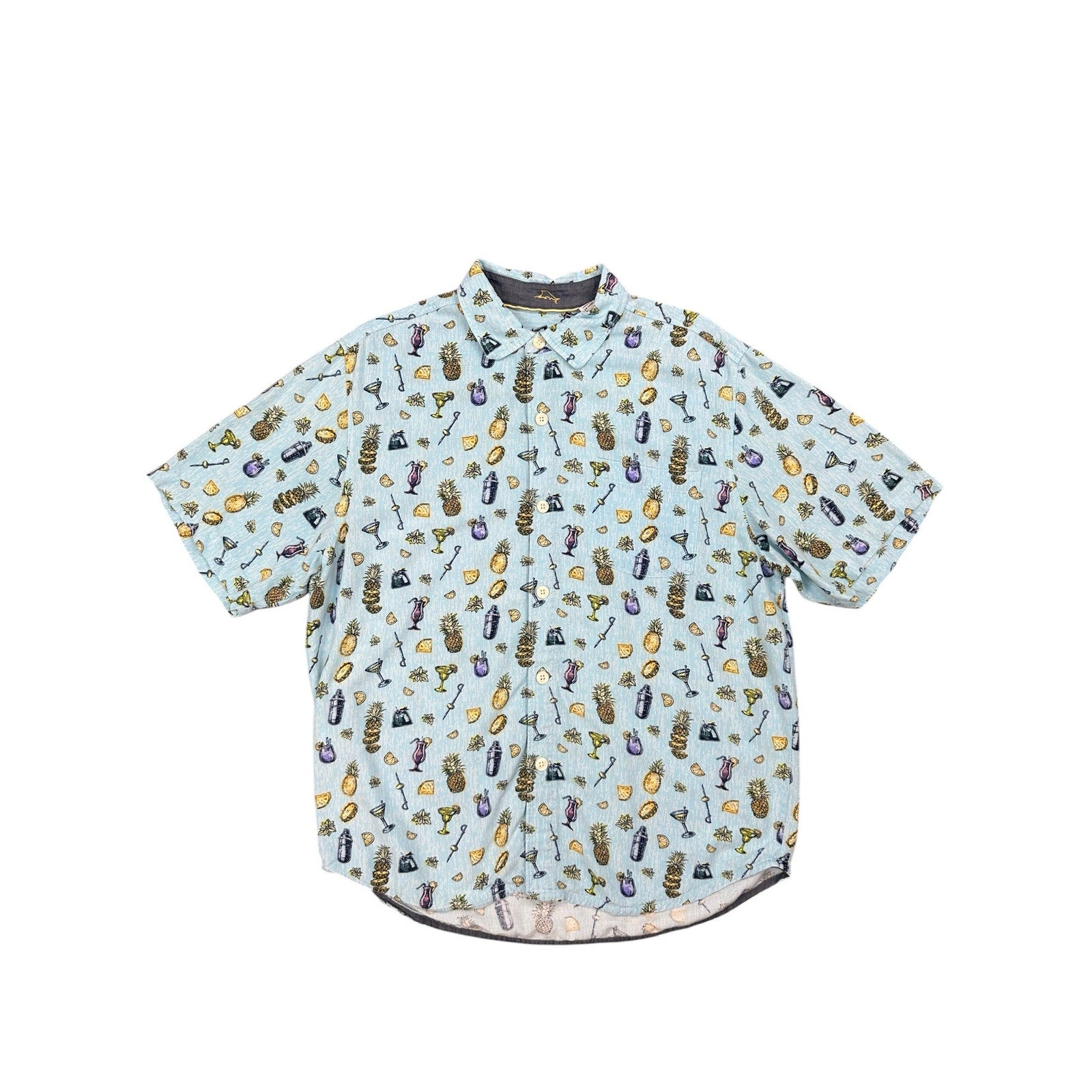 Tommy Bahama Coastal Ease Shake & Sip Cocktail Print Short Sleeve Button Down in Blue with Multi Print — Size Medium // Preowned