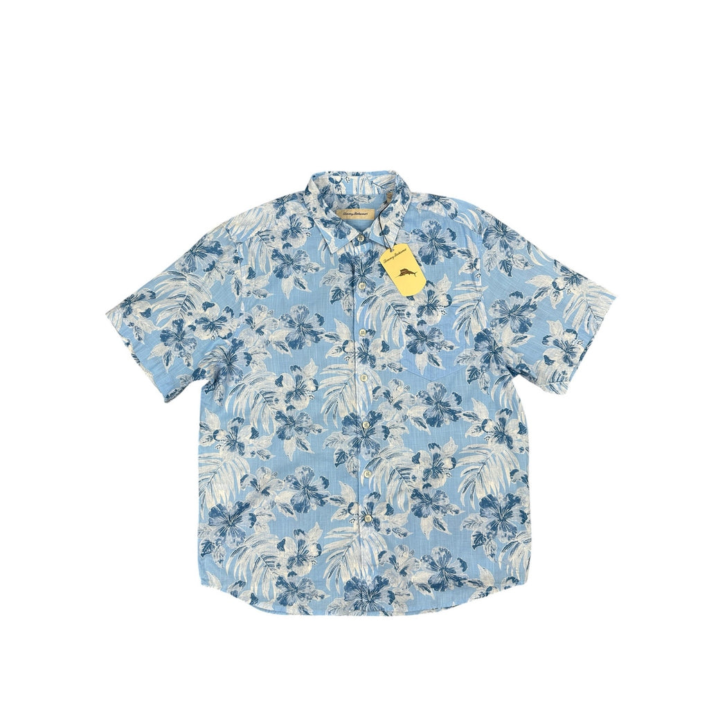 Tommy Bahama Hibiscus Floral Hawaiian Cotton Short Sleeve Camp Shirt in Light Sky Blue — Size Large