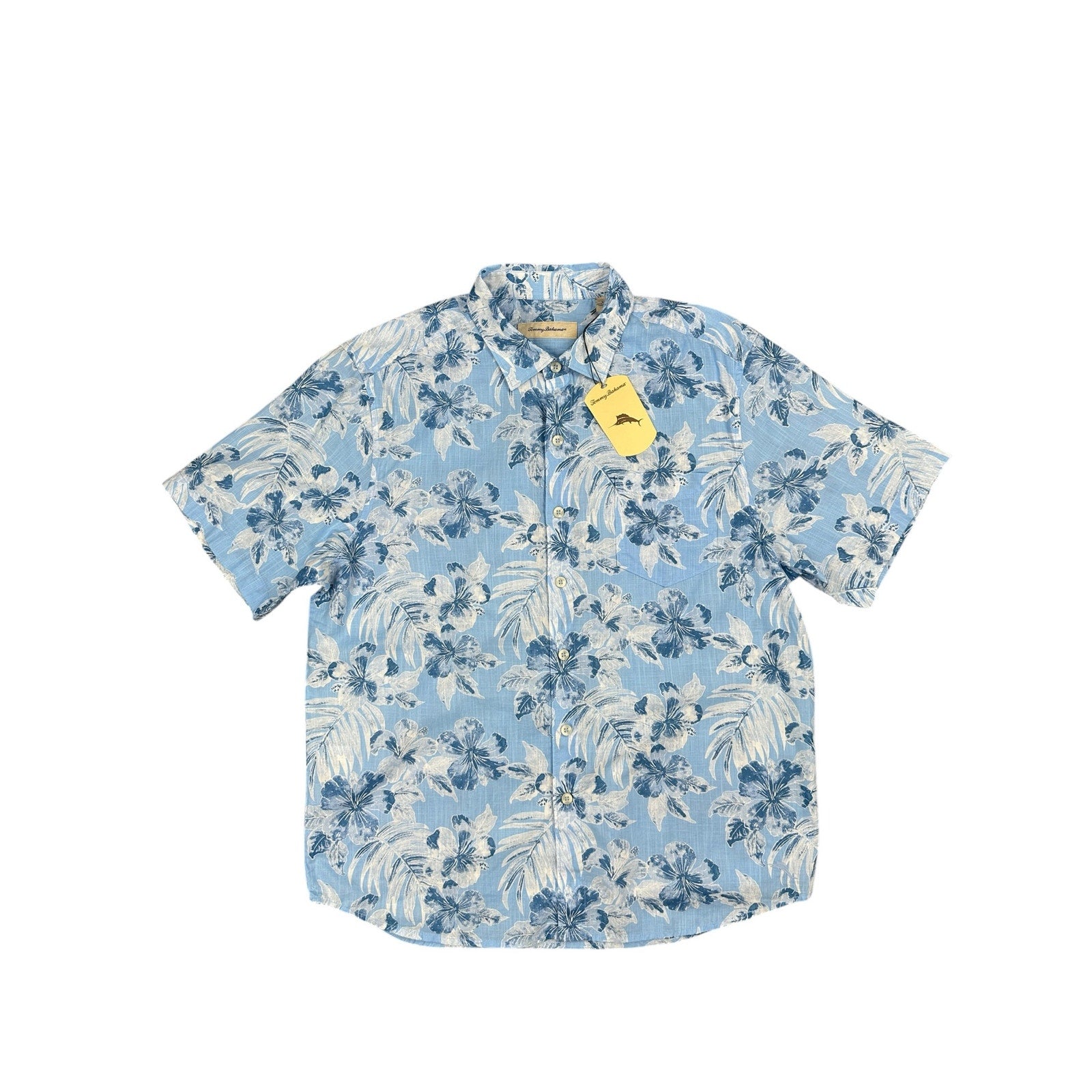 Tommy Bahama Hibiscus Floral Hawaiian Cotton Short Sleeve Camp Shirt in Light Sky Blue — Size Large