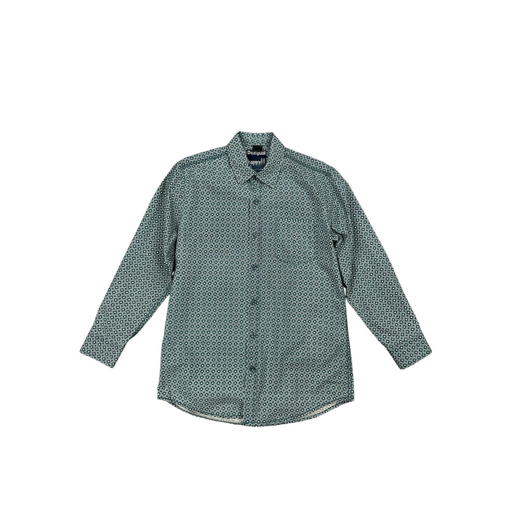 Desigual Abstract Happy Every Time Regular Fit Long Sleeve Shirt in Hunter Green, Brown, Light Cream — Size Small // Preowned